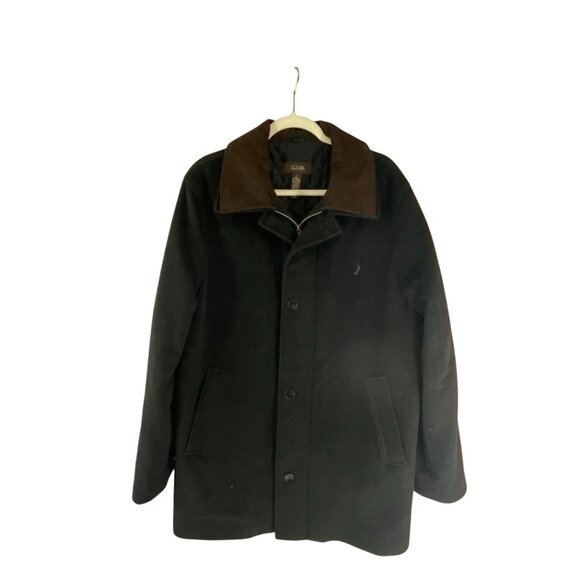 Tasso Elba Black Wool Blend Men's Coat With Brown Collar Size M Outdoor Casual - Picture 1 of 7